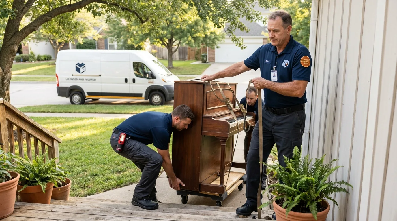 Licensed piano movers securing grand piano in Roxboro, NC