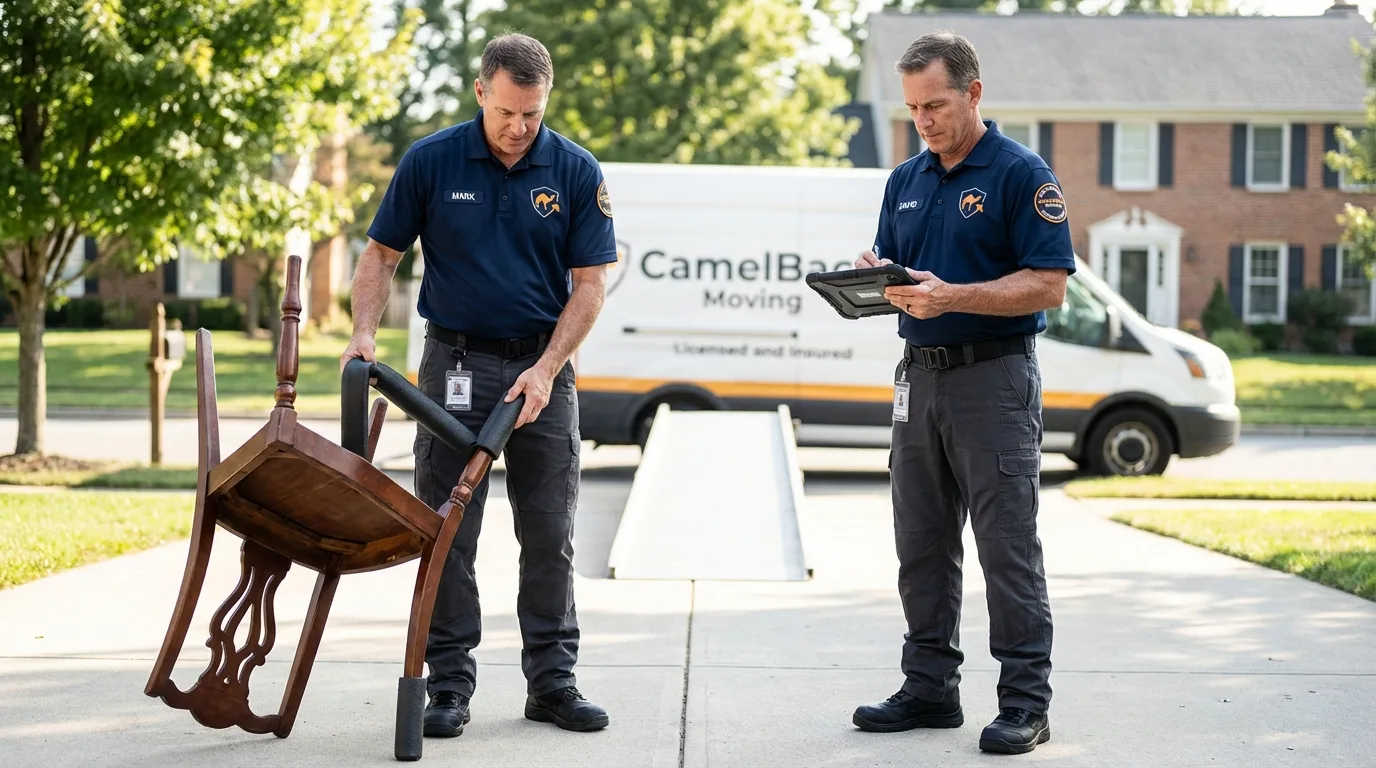 Movers inspecting furniture for damage prevention before loading in Roxboro, NC