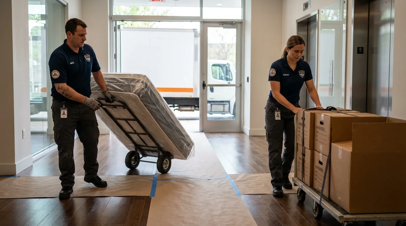 Professional apartment movers loading elevator in Roxboro, NC